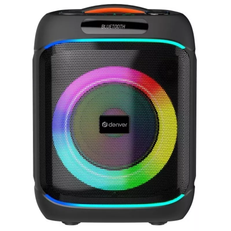 Denver BPS-270 Altavoz portátil de fiesta con Bluetooth, 400W PMPO, efectos de luz LED, karaoke, radio FM, USB/SD/AUX, entrada de micrófono, Negro