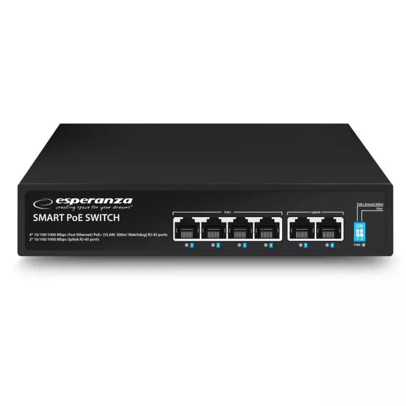 ESPERANZA Switch Gigabit PoE+ 6 puertos 65W GOLIATH (4 puertos PoE+, 2 uplinks, 12 Gbps, metal sin ventilador)
