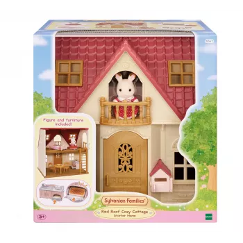 Casa de muñecas Sylvanian Families Starter House - Red Roof Series con Freya Chocolate Rabbit y 10 piezas de mobiliario