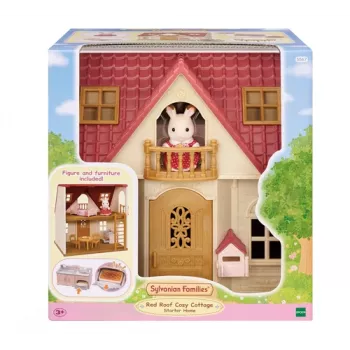Casa de muñecas Sylvanian Families Starter House - Red Roof Series con Freya Chocolate Rabbit y 10 piezas de mobiliario