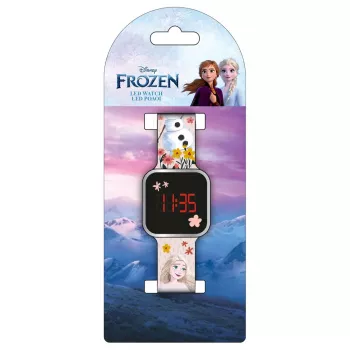 PULIO reloj digital LED Diakakis - reloj infantil Frozen con pantalla LED roja, correa de silicona azul/lila, tema oficial Disney Frozen