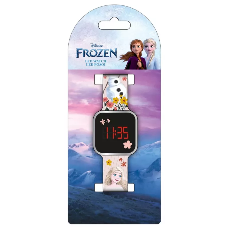 PULIO reloj digital LED Diakakis - reloj infantil Frozen con pantalla LED roja, correa de silicona azul/lila, tema oficial Disney Frozen