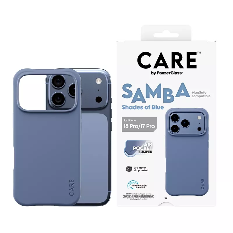 CARE by PanzerGlass Samba Funda para iPhone 17 Pro / 18 Pro – Shades of Blue, MagSafe, TPU reciclado, antimicrobiana, resistencia a caídas de 3,6 m