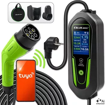 Qoltec cargador portátil para EV Type 2 a Schuko 3,5 kW 16 A cable de 5 m con Wi-Fi y LCD