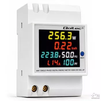 Qoltec Contador de energía monofásico 6 en 1 para carril DIN con TC de 100A, 230V, LCD, salida de pulsos