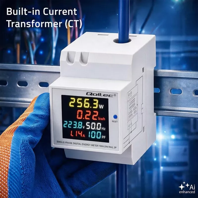 Qoltec Contador de energía monofásico 6 en 1 para carril DIN con TC de 100A, 230V, LCD, salida de pulsos