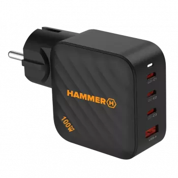 Fuente de alimentación HAMMER RapidCharge 100W GaN, 2x USB-C PD 100W + 1x USB-A QC 30W, negro