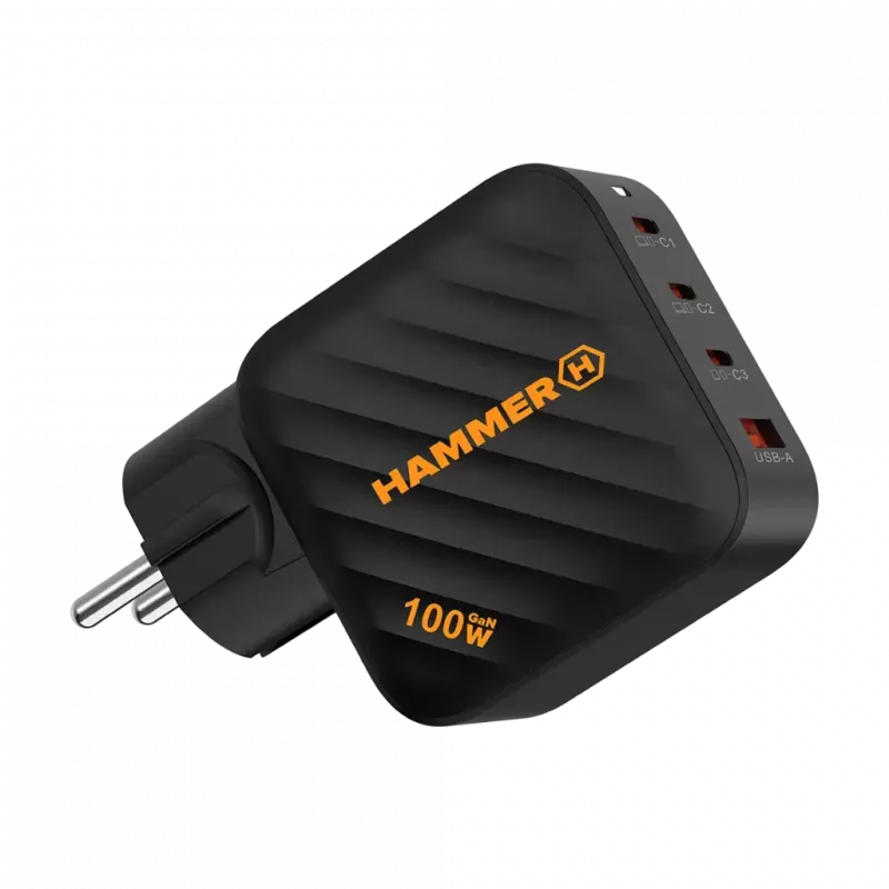 Fuente de alimentación HAMMER RapidCharge 100W GaN, 2x USB-C PD 100W + 1x USB-A QC 30W, negro