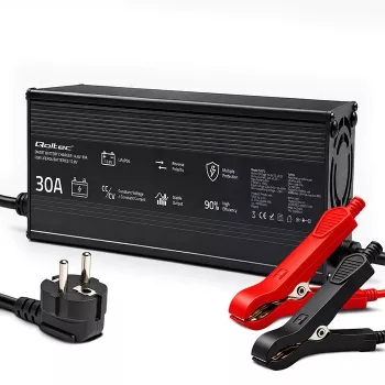 Qoltec Cargador de batería LiFePO4 12V 30A con indicadores LED y carga inteligente de 3 etapas