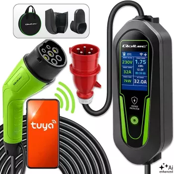 Qoltec Cargador EV Type 2 con corriente ajustable, 7 kW, 230 V, CEE 32 A, Wi-Fi, Tuya Smart Life, LCD, cable de 5 m