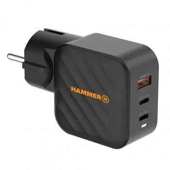 Fuente de alimentación HAMMER RapidCharge 65W GaN - 2x USB-C PD, 1x USB-A QC, negra