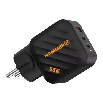 Fuente de alimentación HAMMER RapidCharge 65W GaN - 2x USB-C PD, 1x USB-A QC, negra