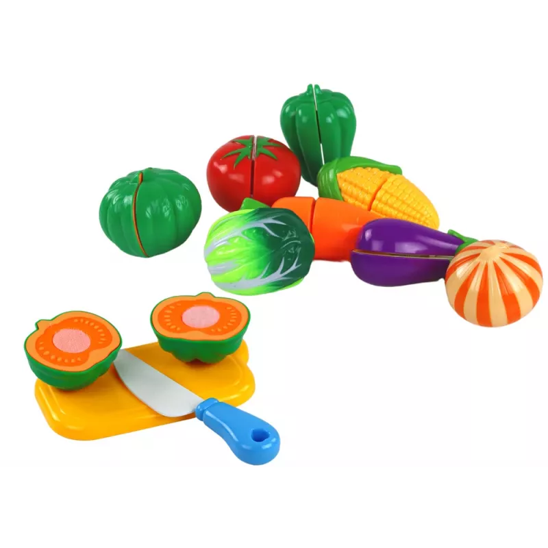 LEAN TOYS Verduras de velcro en cesta – set de 8 piezas de juguete de alimentos con plato y cuchillo