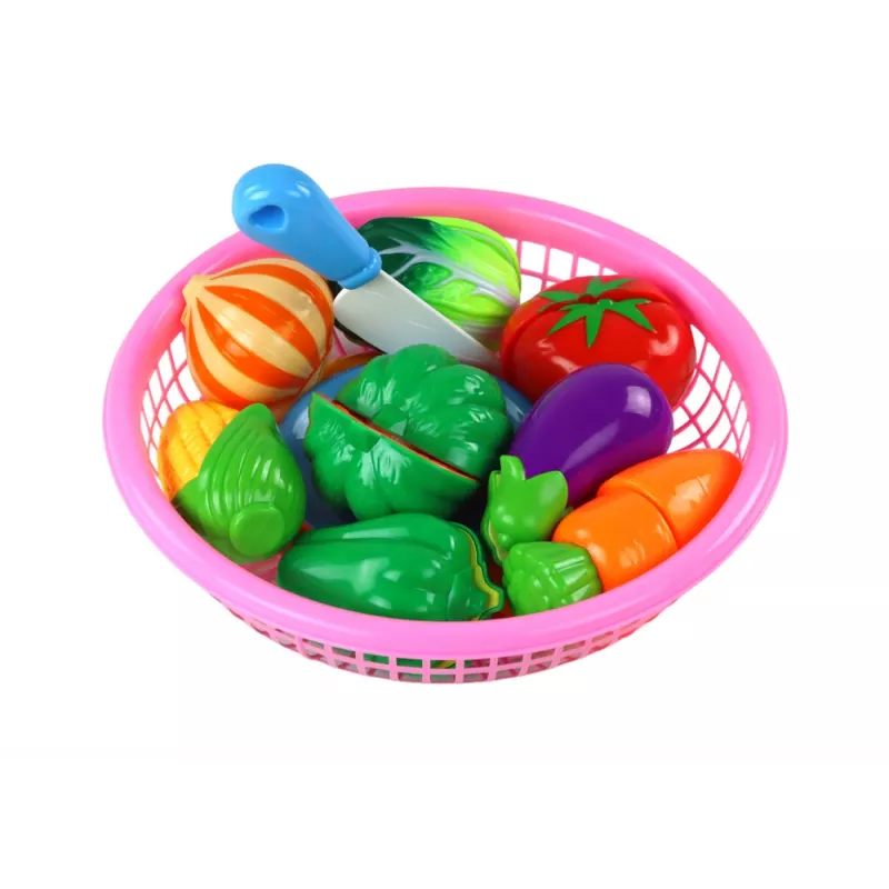 LEAN TOYS Verduras de velcro en cesta – set de 8 piezas de juguete de alimentos con plato y cuchillo