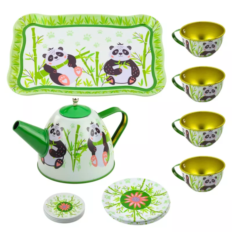 LEAN TOYS Vajilla de té de metal Panda Green 14 piezas | Tetera infantil de hojalata, tazas, platillos, platos y bandeja | Juguete de cocina de rol a partir de 3 años
