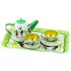 LEAN TOYS Vajilla de té de metal Panda Green 14 piezas | Tetera infantil de hojalata, tazas, platillos, platos y bandeja | Juguete de cocina de rol a partir de 3 años