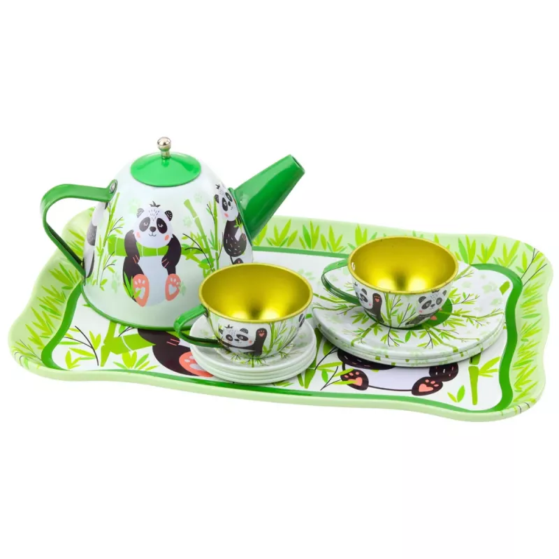 LEAN TOYS Vajilla de té de metal Panda Green 14 piezas | Tetera infantil de hojalata, tazas, platillos, platos y bandeja | Juguete de cocina de rol a partir de 3 años