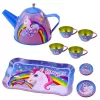 LEAN TOYS Set de té de metal infantil con tazas, tetera y bandeja unicornio