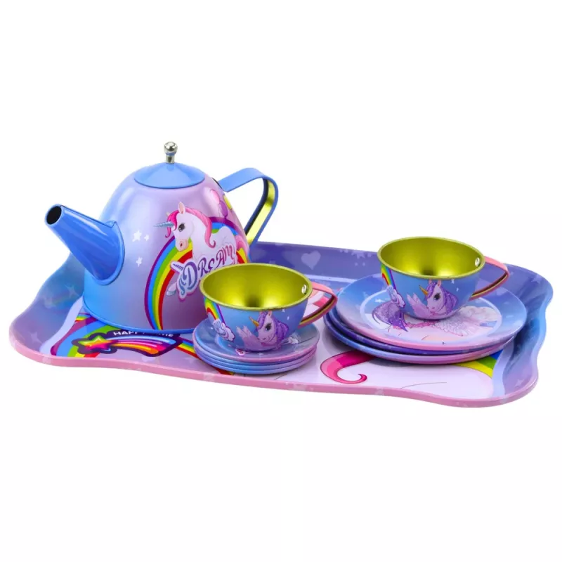 LEAN TOYS Set de té de metal infantil con tazas, tetera y bandeja unicornio
