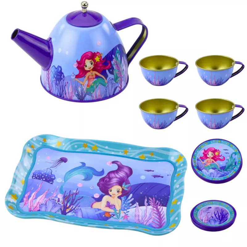 LEAN TOYS Servicio de té de metal infantil con tazas, tetera y bandeja sirena