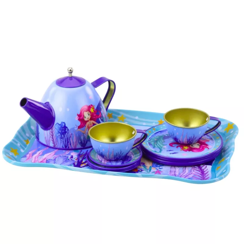 LEAN TOYS Servicio de té de metal infantil con tazas, tetera y bandeja sirena