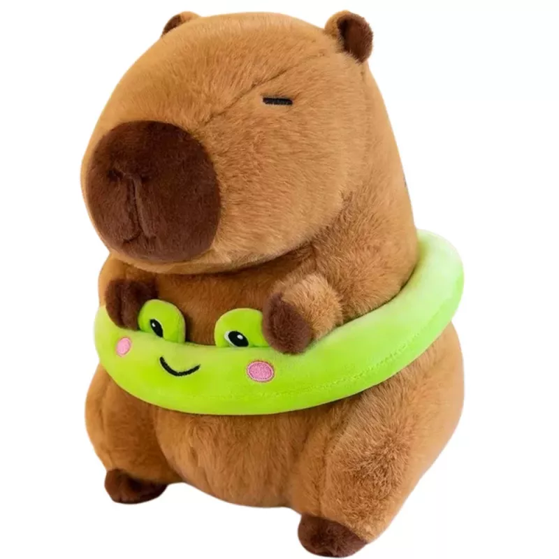 LEAN TOYS Capibara de Peluche con Flotador Verde y Rana, Marrón, 20 cm