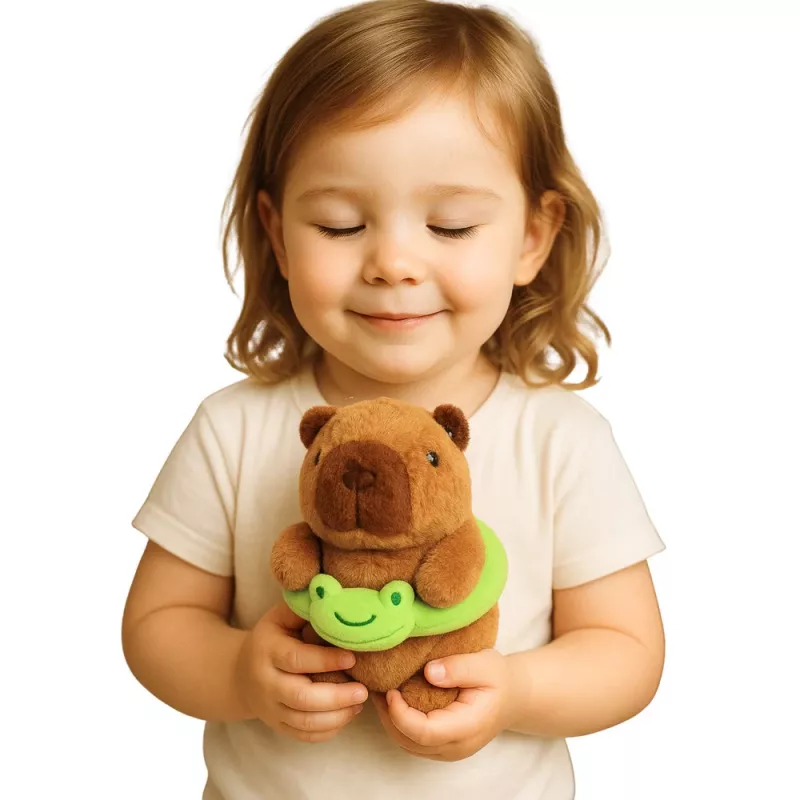 LEAN TOYS Capibara de Peluche con Flotador Verde y Rana, Marrón, 20 cm