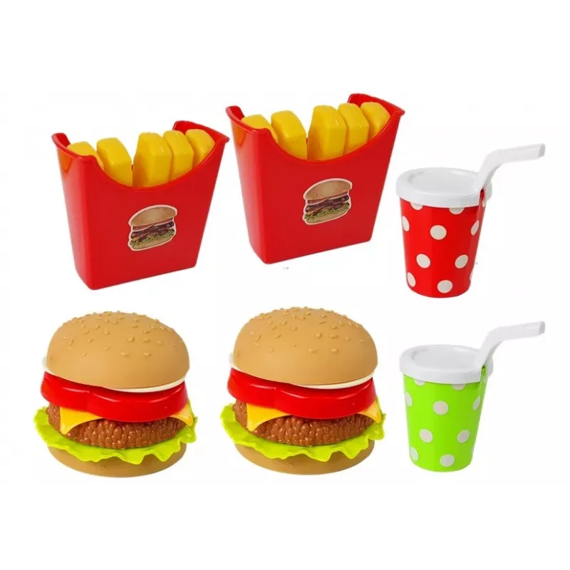 LEAN TOYS Set de hamburguesa y patatas fritas con bandeja | juguete de rol de comida rápida