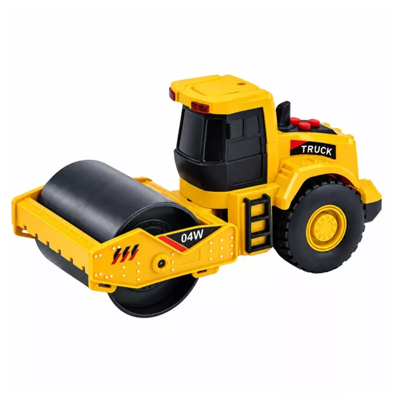 LEAN TOYS Rodillo compactador Vehículo de obra escala 1:32 con rodillo giratorio, luz y sonido Amarillo