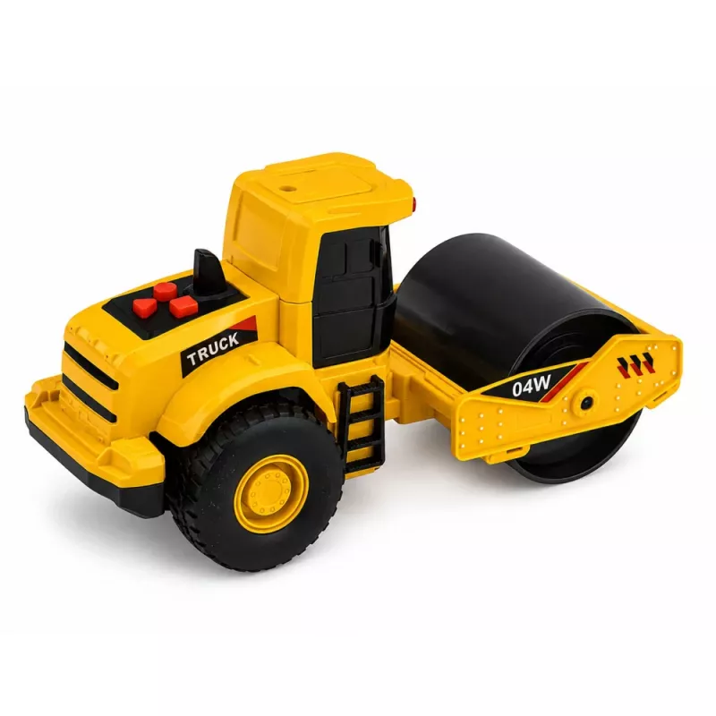 LEAN TOYS Rodillo compactador Vehículo de obra escala 1:32 con rodillo giratorio, luz y sonido Amarillo