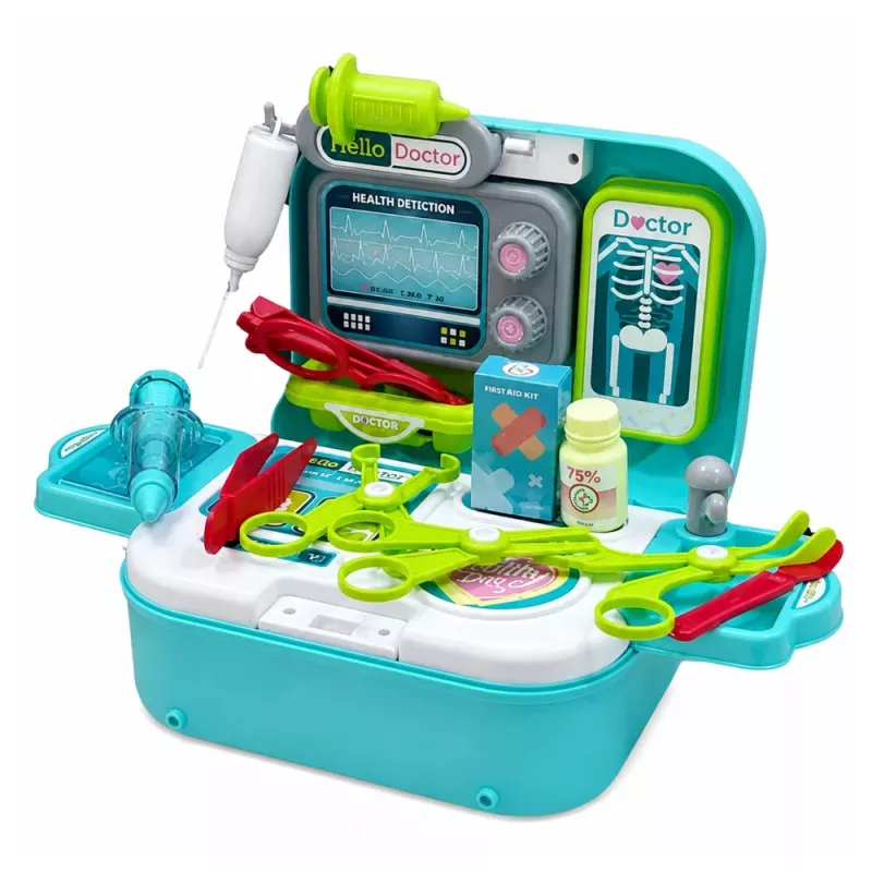 LEAN TOYS Set médico 2 en 1 en maletín, consulta médica portátil, accesorios, Azul