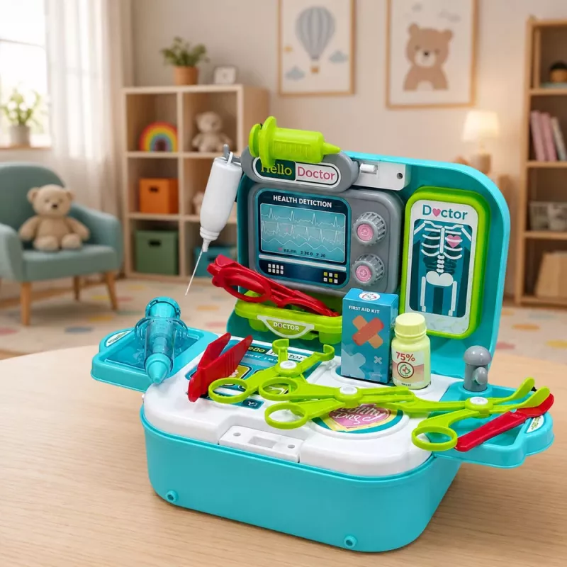 LEAN TOYS Set médico 2 en 1 en maletín, consulta médica portátil, accesorios, Azul