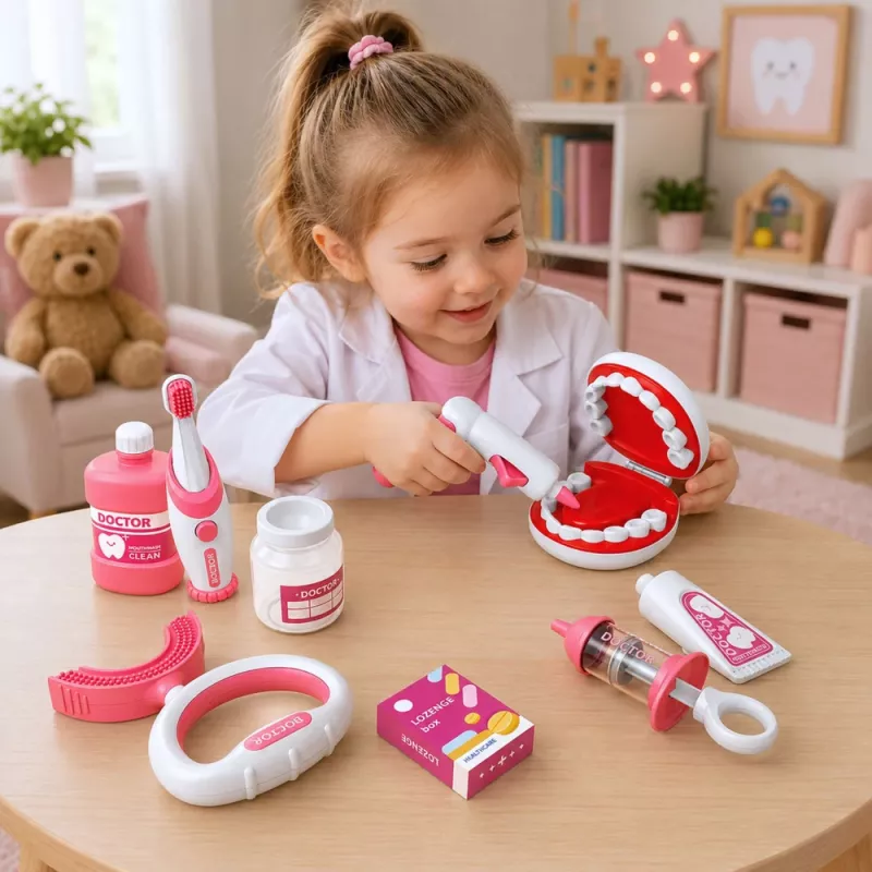 LEAN TOYS Pequeño set de dentista con cepillo de dientes vibratorio, rosa, 15 piezas