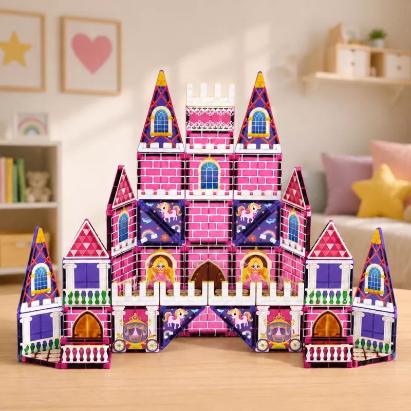 LEAN TOYS Bloques magnéticos castillo de princesa rosa 58 piezas