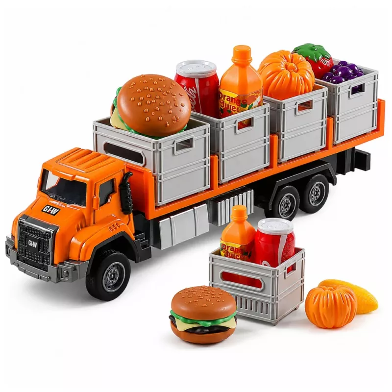LEAN TOYS Camión de transporte de alimentos naranja 1:55 modelo die-cast
