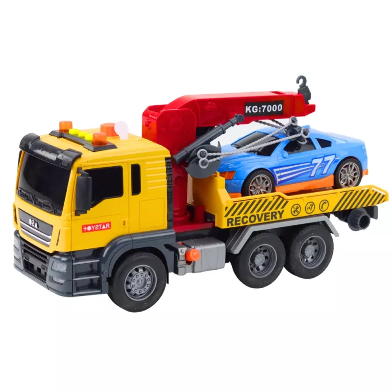 LEAN TOYS Camión grúa con coche de carreras – set de juego con luz y sonido