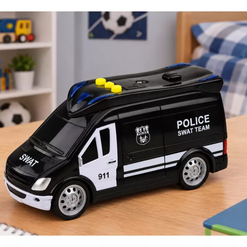 LEAN TOYS Furgoneta de policía unidad especial SWAT con luz y sonido, escala 1:32, pull-back, metal die-cast
