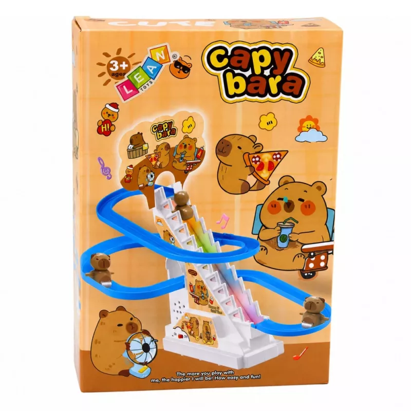 LEAN TOYS Pista tobogán de carreras capibara con escalones móviles, luz y sonido - Juguete musical de escalada para niños a partir de 3 años