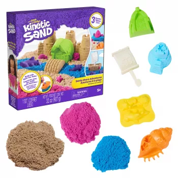 Kinetic Sand Beach Adventure Set - 907g de arena en 3 colores con moldes, herramientas y bandeja de juego