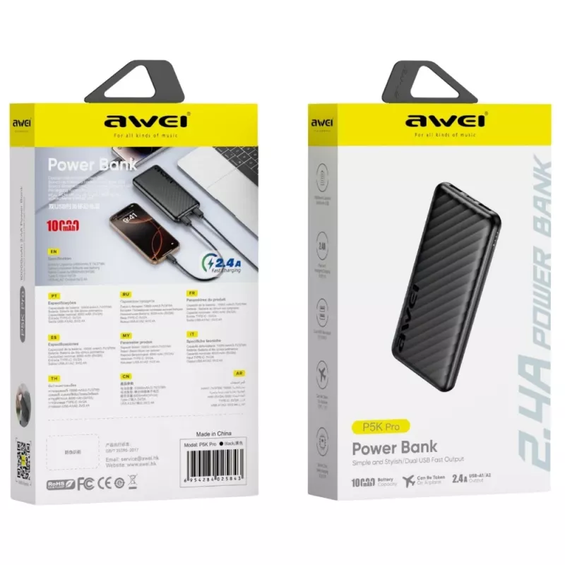 Batería externa AWEI Power Bank 10000mAh P5K Pro 2xUSB - Negra