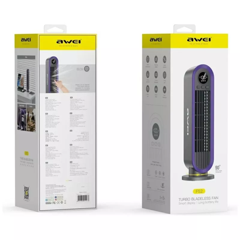 AWEI F52 Ventilador de torre portátil 3600mAh recargable por USB-C gris