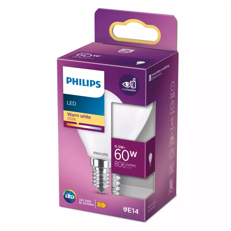 Philips LED Classic 5.5W E14 P45 blanco cálido 806lm bombilla mateada (equivalente a 60W)