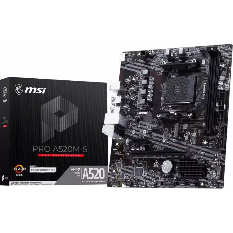 MSI A520M-S AMD A520 AM4 Placa base Micro-ATX - DDR4, HDMI, DVI, VGA, Gigabit-LAN