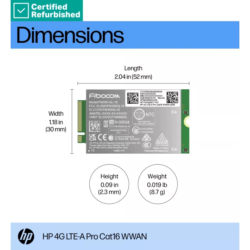 RENEW GOLD HP 4G LTE Módem m.2 WWAN Cat 16 L860-GL-16 Mobile Broadband Cellular (compatible con WWAN-fähigen EliteBook 630 640 645 660 830 840 860 1040 G11, x360 G11, ProBook 440 460 465 G11, ZBook Firefly Fury Power 14 16 G11 G11A)