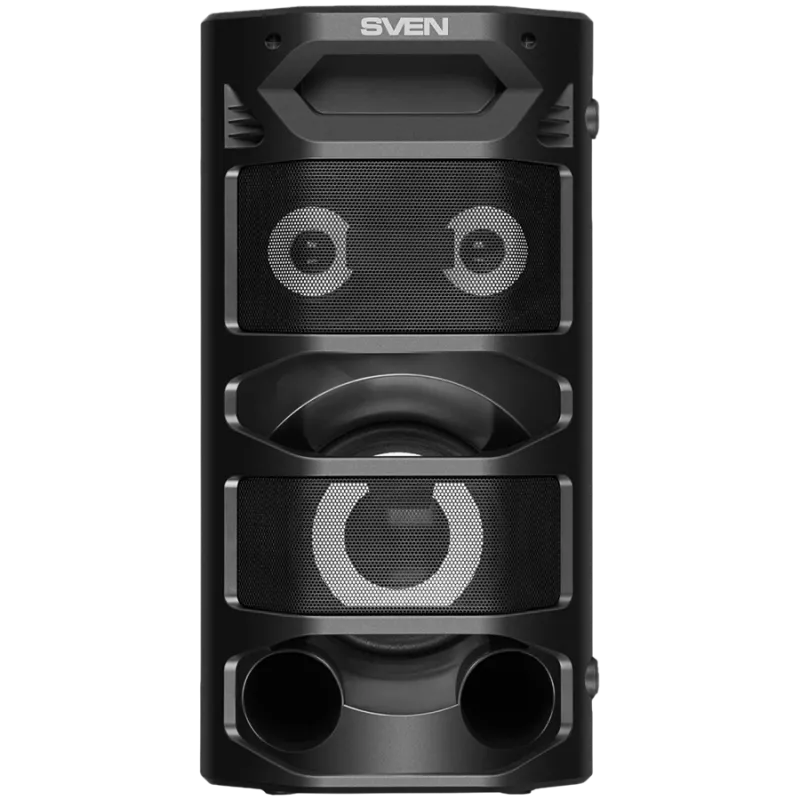 Altavoz portátil 2.0 SVEN PS-670, negro, potencia 2x32,5 W (RMS), TWS, Bluetooth, FM, USB, microSD, pantalla LED, mando a distancia, batería de litio