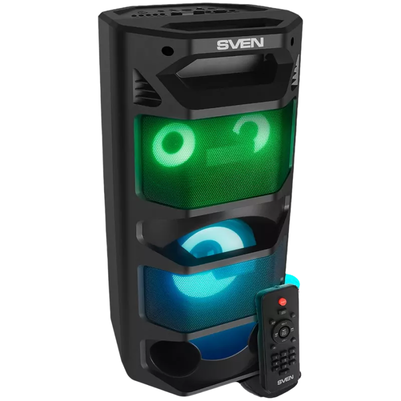Altavoz portátil 2.0 SVEN PS-670, negro, potencia 2x32,5 W (RMS), TWS, Bluetooth, FM, USB, microSD, pantalla LED, mando a distancia, batería de litio