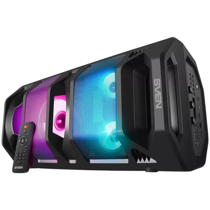 Altavoz portátil 2.0 SVEN PS-670, negro, potencia 2x32,5 W (RMS), TWS, Bluetooth, FM, USB, microSD, pantalla LED, mando a distancia, batería de litio