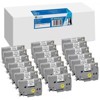 20x G&G cinta de etiquetas 9mm x 8m negro sobre blanco compatible con Brother TZe-221