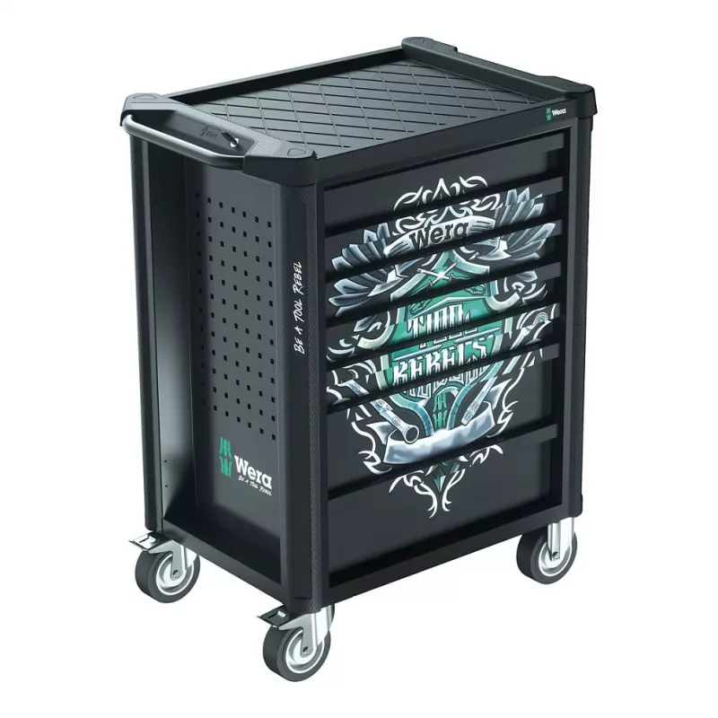 Wera 9700 Tool Rebel carro de taller 1, 7 cajones, encimera de acero inoxidable, verde/negro