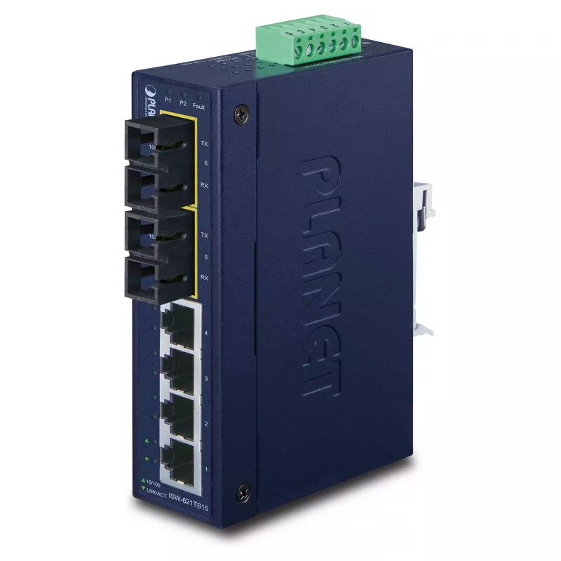 PLANET ISW-621TS15 switch Fast Ethernet industrial L2 no gestionado con 4x 10/100 + 2x 100Base-FX SC multimodo, montaje en carril DIN/pared, -40 a 75 °C